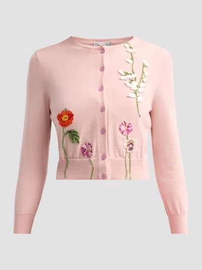 Oscar De La Renta Women's Mixed Floral-embroidered Wool Cardigan In Blush