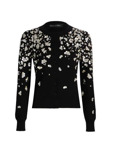 Oscar De La Renta Women's Mother-of-pearl Embroidered Wool Cardigan In Black