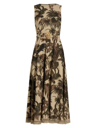 Oscar De La Renta Sleeveless Chine Palm-print Belted Midi Dress In Multi