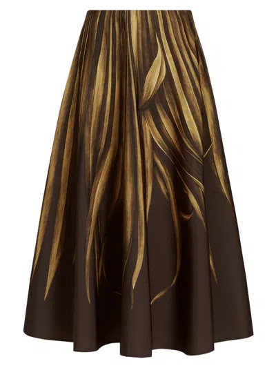 Oscar De La Renta Women's Palm Print A-line Midi-skirt In Brown
