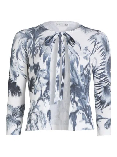Oscar De La Renta Women's Palm Tree Cotton-blend Tieneck Cardigan In Blue
