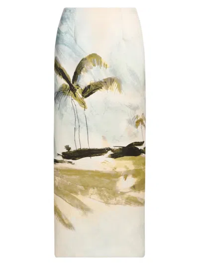 Oscar De La Renta Palm Tree Printed Satin Pencil Skirt In Neutral