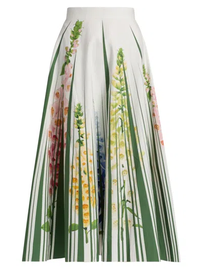 Oscar De La Renta Women's Pleated Foxgloves-print Stretch-cotton Poplin Midi-skirt In Green