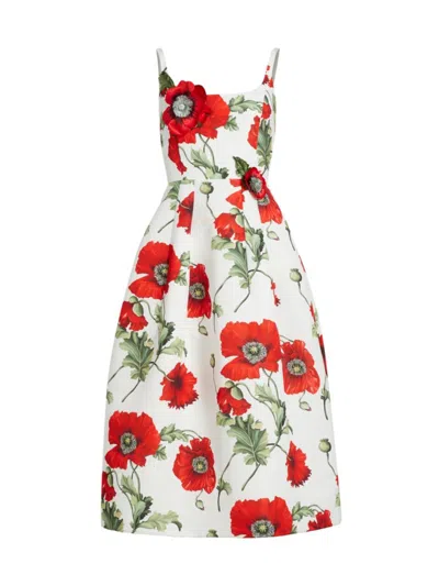 Oscar De La Renta Poppies-print Flower-applique Scoop-neck Sleeveless Midi Dress In White Red