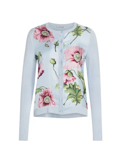 Oscar De La Renta Floral-print Fine-knit Cardigan In Blue Pink