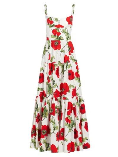 Oscar De La Renta Women's Poppies Stretch-cotton Belted Tiered Maxi Dress In Multi