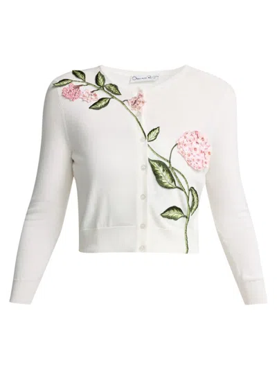 Oscar De La Renta Porcelain Flower Embroidered Crop Crewneck Cardigan In Multi