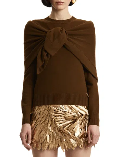 Oscar De La Renta Women's Self-knit Scarf Detail Cashmere Sweater In Brown