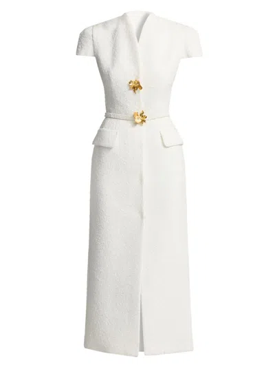 Oscar De La Renta Cap-sleeve Slub Tweed Buttoned Midi Day Dress In White