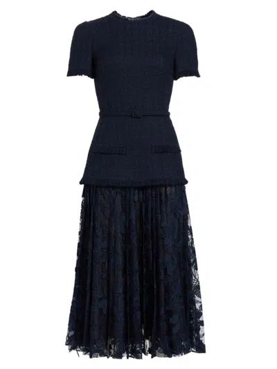Oscar De La Renta Guipure-lace Wool-tweed Maxi Dress In Navy