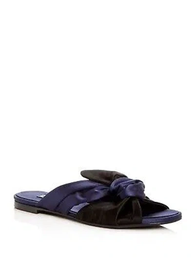 Pre-owned Oscar De La Renta Womens Navy Satin Piper Almond Toe Slip On Slide Sandals 37 In Blue