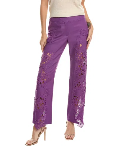 Oscar De La Renta Zip Front Guipure Inset Pant In Purple