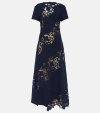 Oscar De La Renta Diagonal Botanical Guipure Inset Cap-sleeve Open-back Maxi Dress In Blue