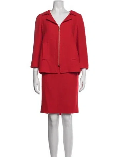 Pre-owned Oscar De La Renta Wool Bow Accents Skirt Set In Red