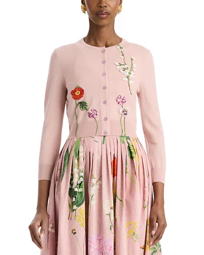 Oscar De La Renta Wool Crewneck Cardigan Sweater In Pink