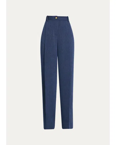 Oscar De La Renta Wool Drill Tailored Wide-leg Trousers In Blue