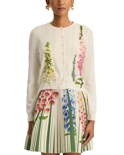 Oscar De La Renta Wool Embroidered Foxglove Cardigan In Neutral