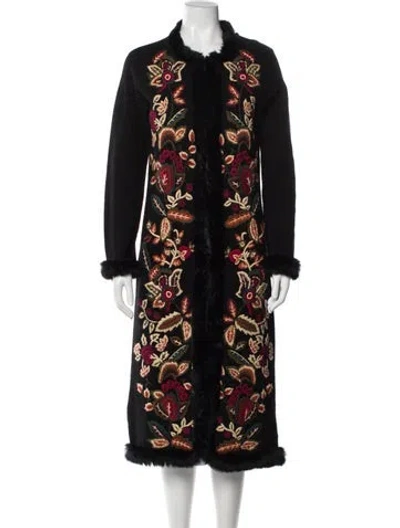 Pre-owned Oscar De La Renta Wool Floral Print Fur Coat In Black