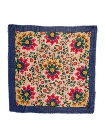 Pre-owned Oscar De La Renta Wool Floral Print Scarf In Blue