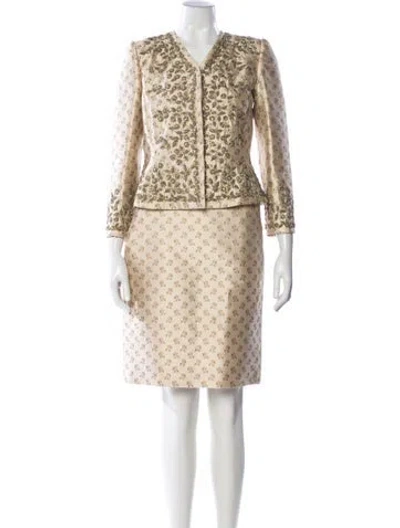 Pre-owned Oscar De La Renta Wool Floral Print Skirt Suit In Neutral