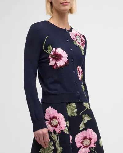 Oscar De La Renta Wool Knit Cardigan With Threadwork Embroidered Poppies In Navy Pink