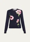 Oscar De La Renta Wool Knit Cardigan With Threadwork Embroidered Poppies In Navy Pink