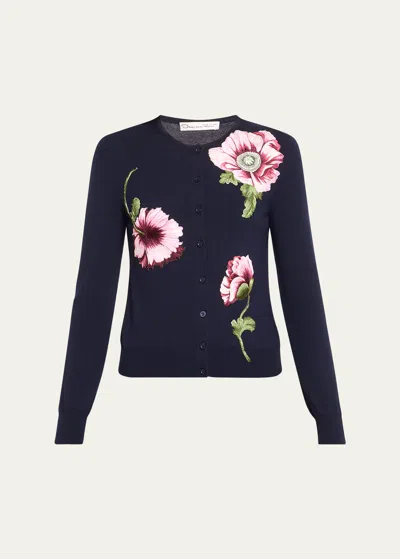 Oscar De La Renta Wool Knit Cardigan With Threadwork Embroidered Poppies In Navy Pink