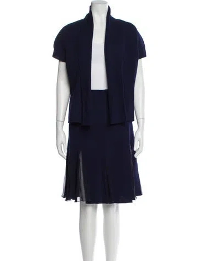 Pre-owned Oscar De La Renta Wool Mesh Accents Skirt Suit In Blue