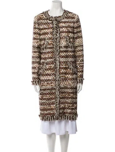 Pre-owned Oscar De La Renta Wool Plaid Print Coat In Brown