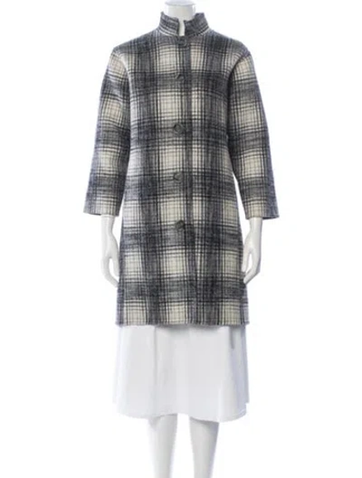 Pre-owned Oscar De La Renta Wool Plaid Print Coat In Gray