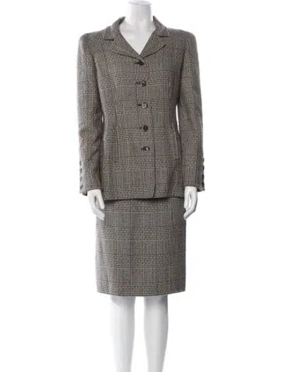 Pre-owned Oscar De La Renta Wool Plaid Print Skirt Suit In Neutral