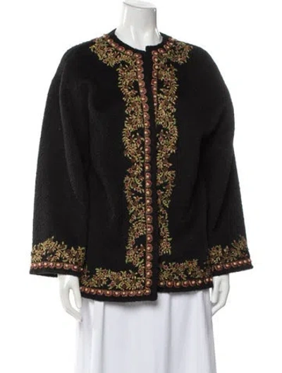 Pre-owned Oscar De La Renta Wool Printed Faux Fur Jacket In Black