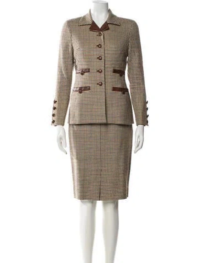 Pre-owned Oscar De La Renta Wool Printed Skirt Suit In Brown