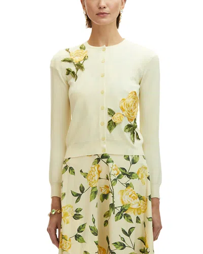Oscar De La Renta Wool Rose Embroidered Cardigan In Soft Yellow