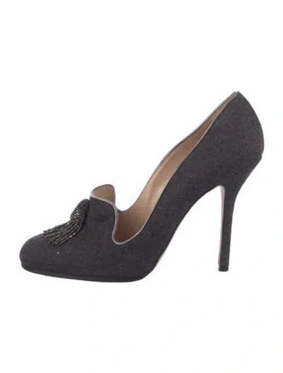 Pre-owned Oscar De La Renta Wool Tassel Accents Pumps In Gray