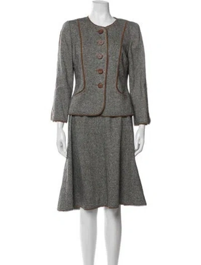 Pre-owned Oscar De La Renta Wool Tweed Pattern Skirt Suit W/ Tags In Grey