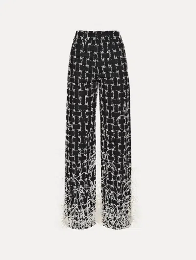 Oscar De La Renta Jacquard Feather-trim Pants In Brown