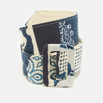 Pre-owned Oscar De La Renta Xs Buckle Belt Blue/white Printed Fabric