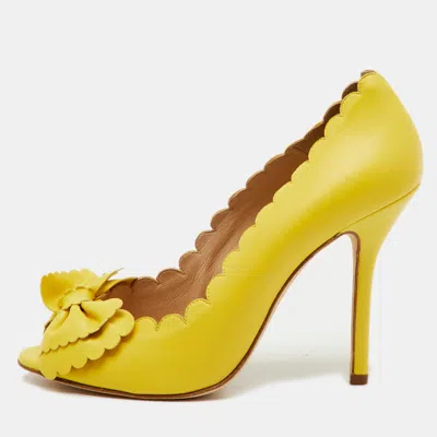 Pre-owned Oscar De La Renta Yellow Leather Scalloped Bow Detail Peep Toe Pumps Size 40.5
