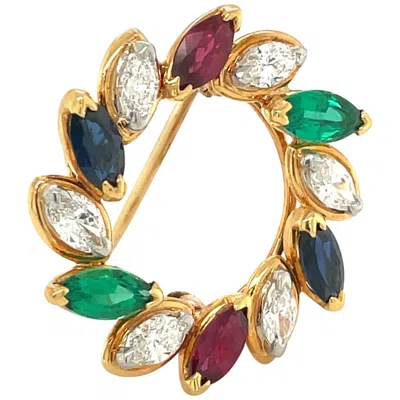 Pre-owned Oscar Heyman 18 Karat Gold Wreath Brooch With Marquis Diamonds And Gem Stones In Multi