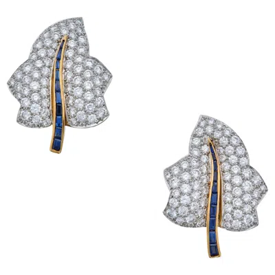 Pre-owned Oscar Heyman 18k Gold And Platinum Diamond And Blue Sapphire Leaf Ear Clips