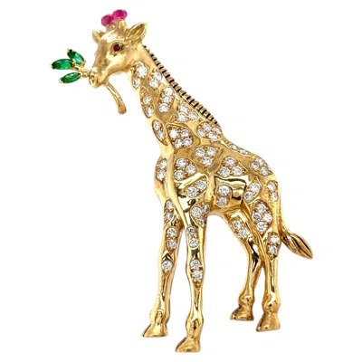 Pre-owned Oscar Heyman 18k Yellow Gold Giraffe Brooch W/ 2 Ct Diamond, Emerald Acc, Ruby