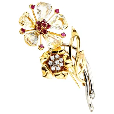Pre-owned Oscar Heyman 1940s  Sapphire Ruby Diamond Gold Brooch In Blue