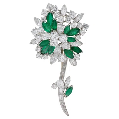 Pre-owned Oscar Heyman 1950's 13.70 Ctw Diamond Emerald Platinum Vintage Flower Brooch In Green