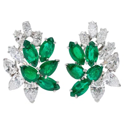 Pre-owned Oscar Heyman 1950s Diamond Emerald Platinum Gold Vintage Spray Ear-clip Earrings In Green