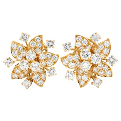 Pre-owned Oscar Heyman 1970's Diamond 18k Gold Vintage Floral Spray Ear-clip Earrings In Multi