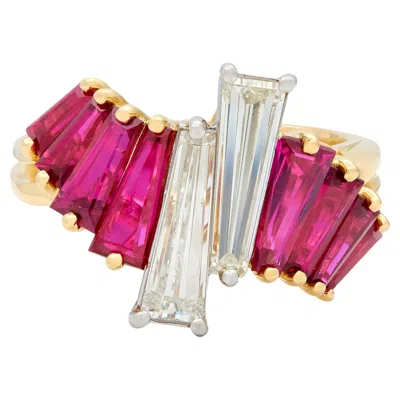 Pre-owned Oscar Heyman 1980's Diamond Ruby 18k Yellow Gold Platinum Vintage Bypass Ring