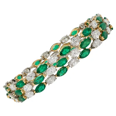 Pre-owned Oscar Heyman 1990's Emerald Diamond Platinum 18k Gold Vintage Stripe Bracelet In Green