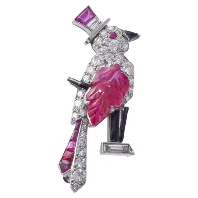 Pre-owned Oscar Heyman Adorable  Carved Ruby Diamond Enamel Platinum Bird Brooch In Multi
