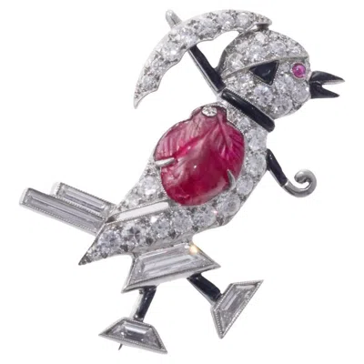 Pre-owned Oscar Heyman Adorable  Carved Ruby Diamond Platinum Bird Brooch In Multi